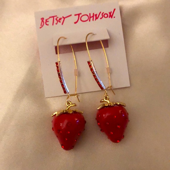 Betsey Johnson Gold Tone Babycakes Red Strawberry Drop Earrings Crystal NWT - Picture 7 of 11